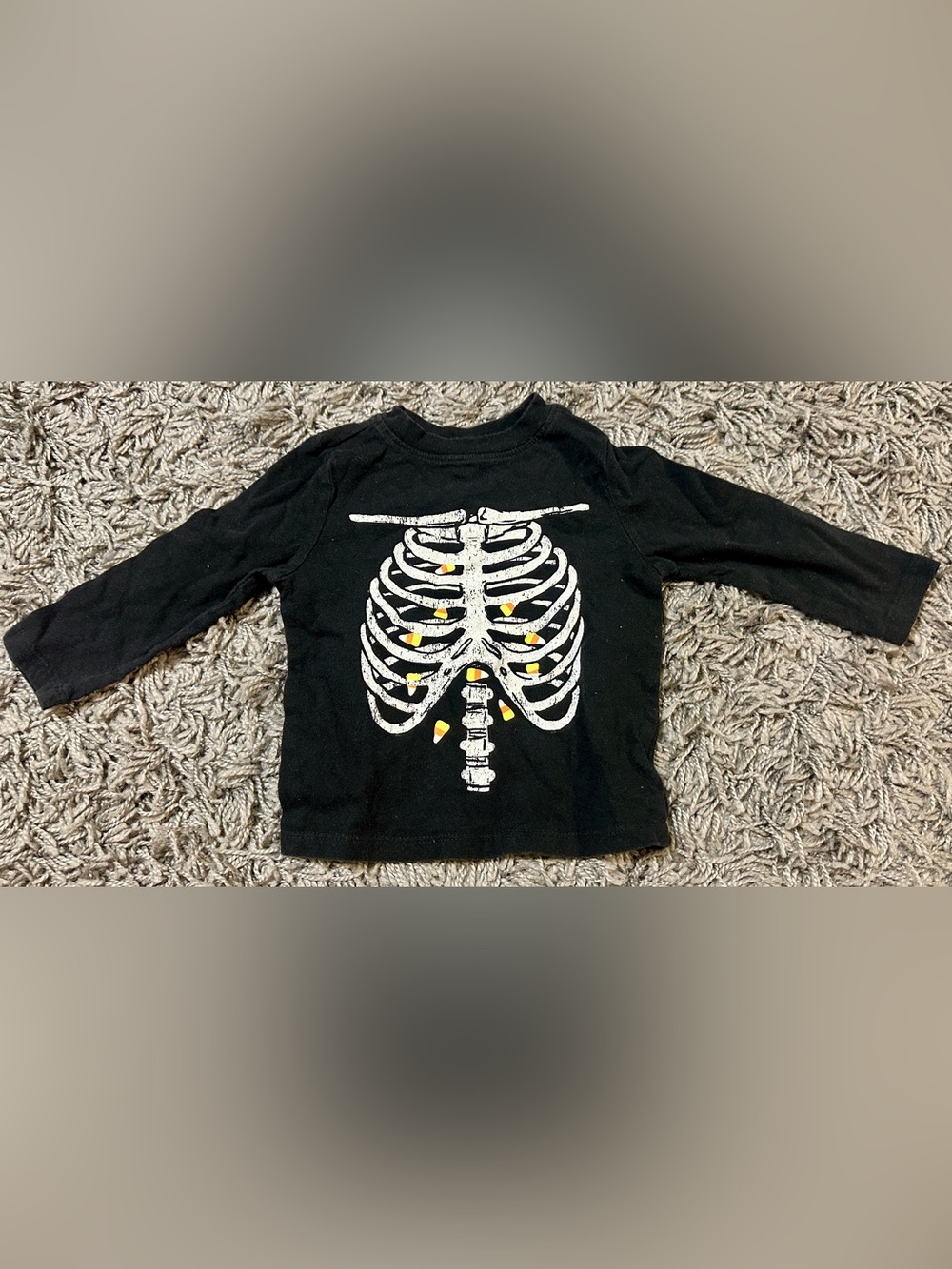 Old Navy Black Long-Sleeve Tee with White Skeleton and Candy Corn Accents